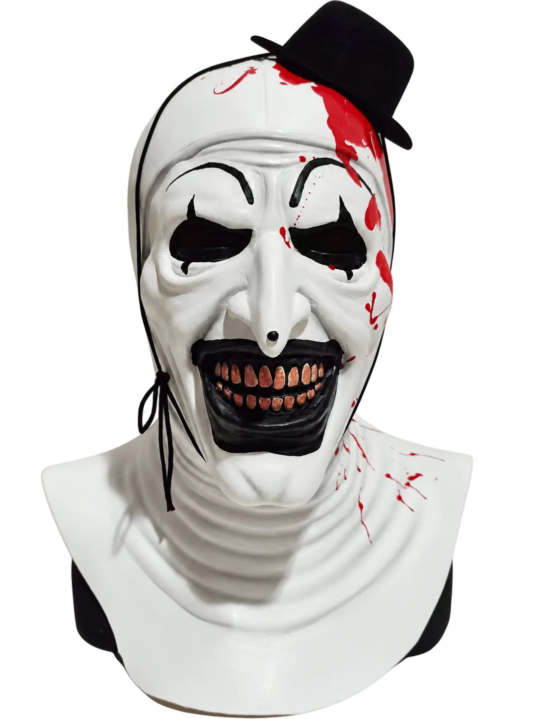 Masque de clown blanc avec petit chapeau noir et motifs rouges, détouré sur fond transparent.