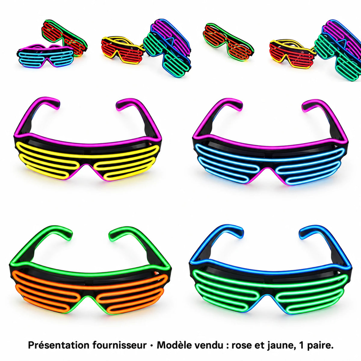 Présentation des lunettes lumineuses sur fond blanc ; le modèle vendu est rose et jaune, à la paire.