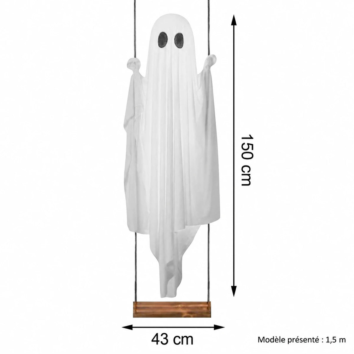 Dimensions du modèle de fantôme sur balançoire de 1,5 m : hauteur 150 cm et largeur 43 cm.