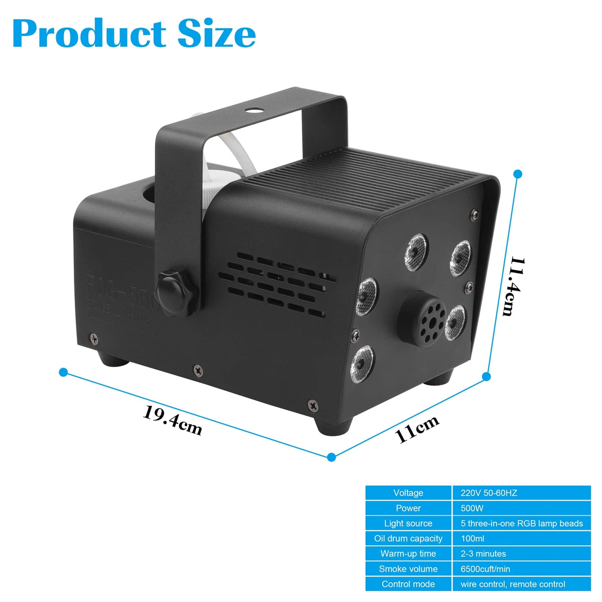 Machine à fumée 500 W avec lumières RVB – vue 5
