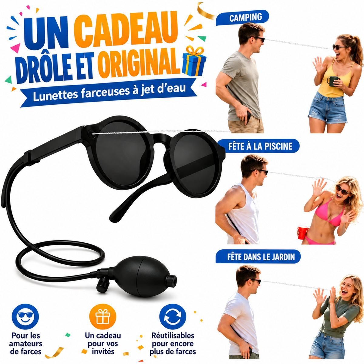 Lunettes farceuses à jet d’eau avec trois exemples d’utilisation.