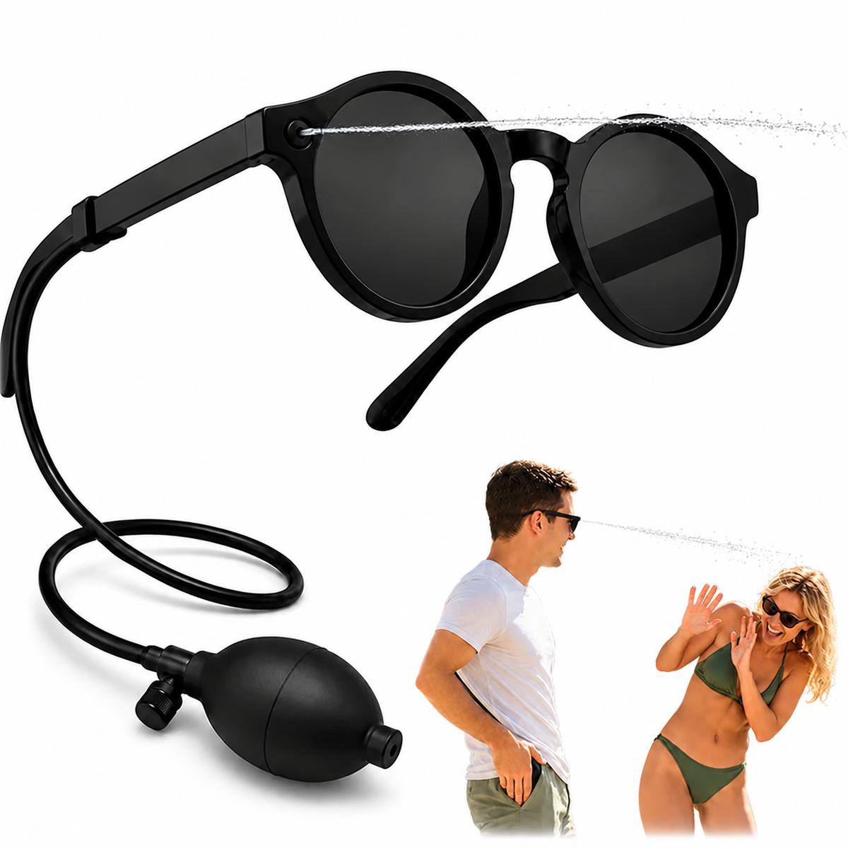 Lunettes noires à jet d’eau avec tuyau, poire et démonstration du jet.