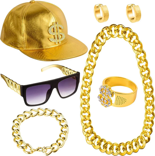 Kit d’accessoires hip-hop dorés – années 80 et 90