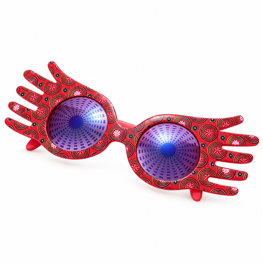 Lunettes fantaisie rouges en forme de mains avec verres violets à motifs.