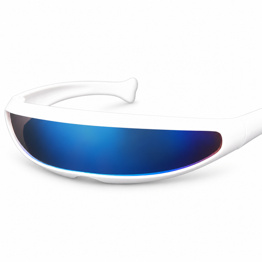 Lunettes futuristes à monture blanche et écran bleu.