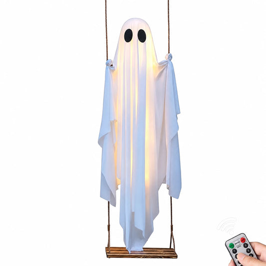 Fantôme lumineux sur balançoire avec télécommande, inscriptions traduites en français sur fond blanc.