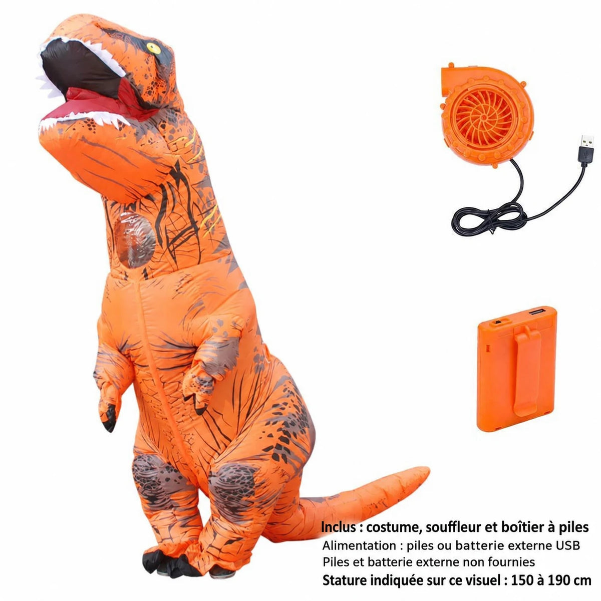 T-Rex gonflable orange avec souffleur et boîtier à piles, informations en français sur fond blanc.