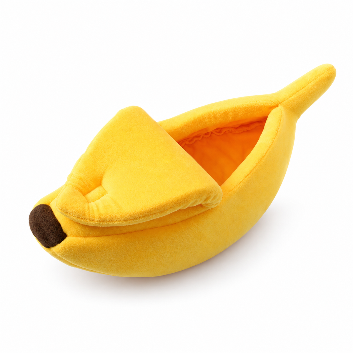 Couchage banane jaune avec rabat pour chat et petit chien, sur fond blanc